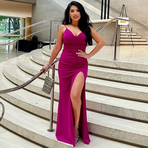 Emerald Sundae Fuchsia Ruched Side Slit Prom Dress Size S - Picture 1 of 5